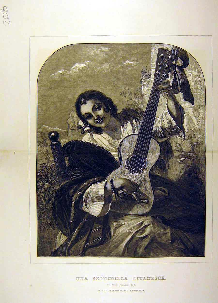 Original Old Antique Print Painting Una Seguidilla Gitanesca John Phillip Art
