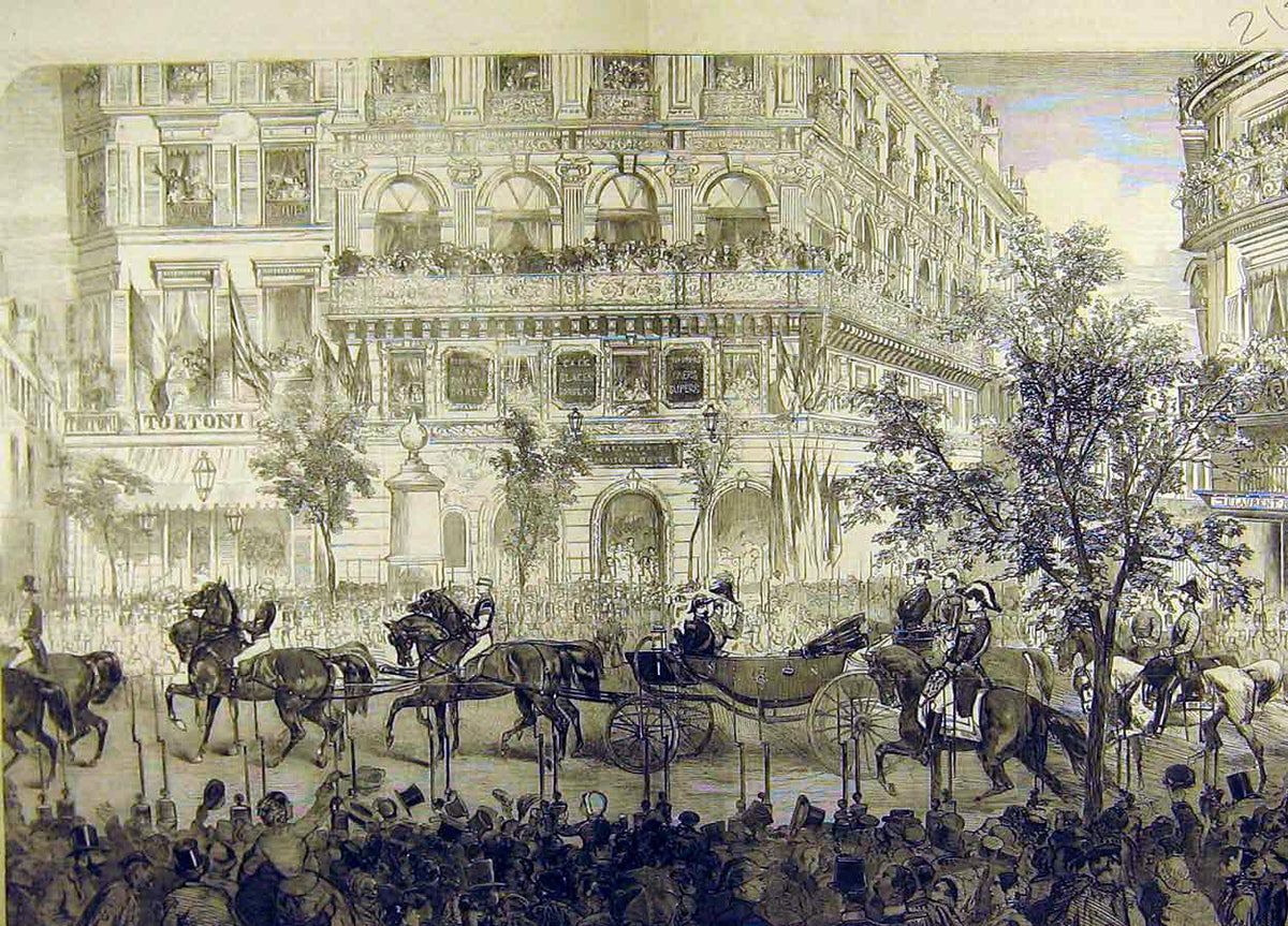 Old Antique Print 1855 Queen Visit Paris Procession Boulevard Des Italien 19th