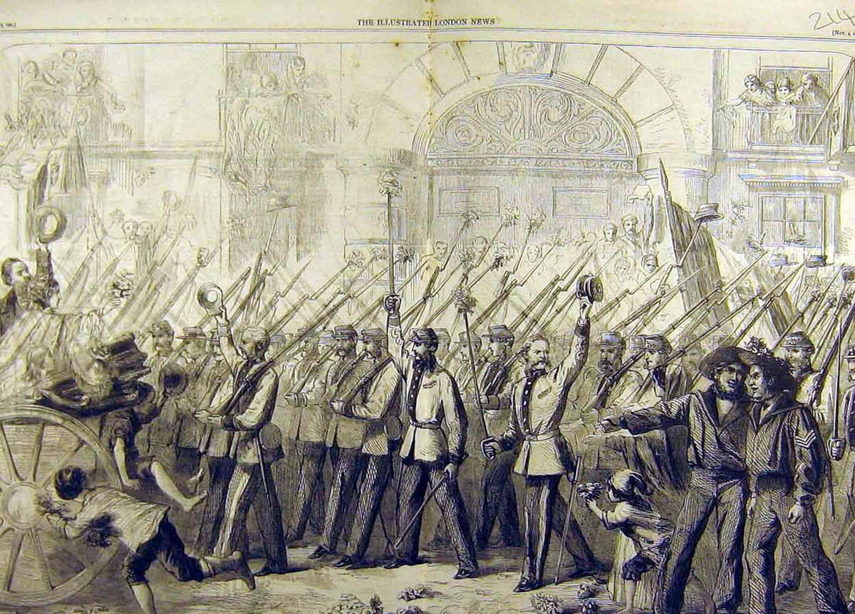 Original Old Antique Print 1860 Reception British Volunteers Garibaldi Naples