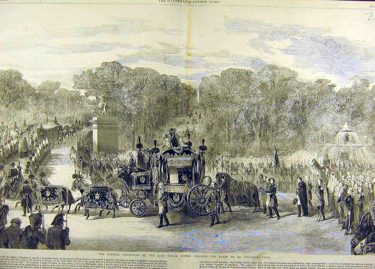 Original Old Antique Print 1860 Funeral Procession Prince Jerome Paris Concorde