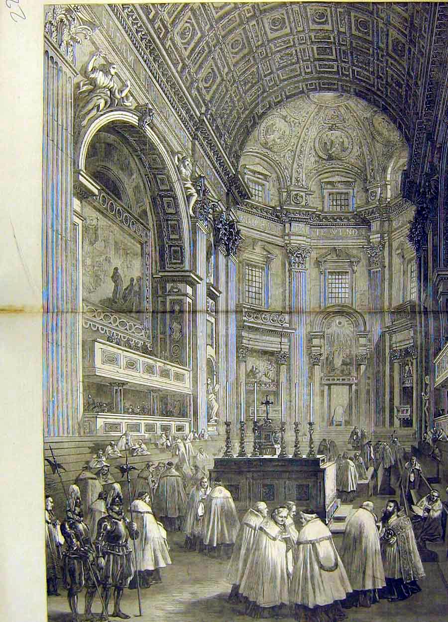 Original Old Antique Print 1870 Council Chamber North Transept St. Peters Rome