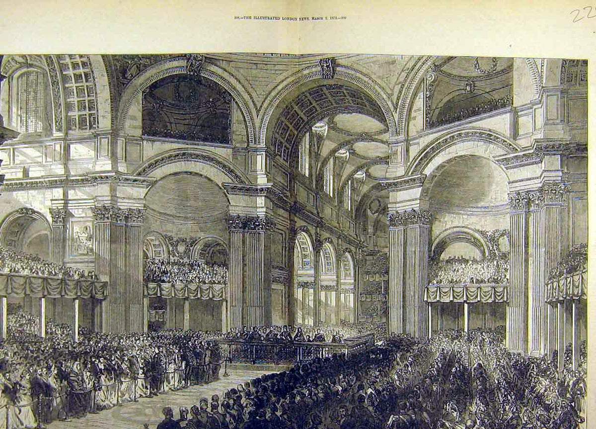 Original Old Antique Print 1872 Thanksgiving Service St. Pauls Cathedral London