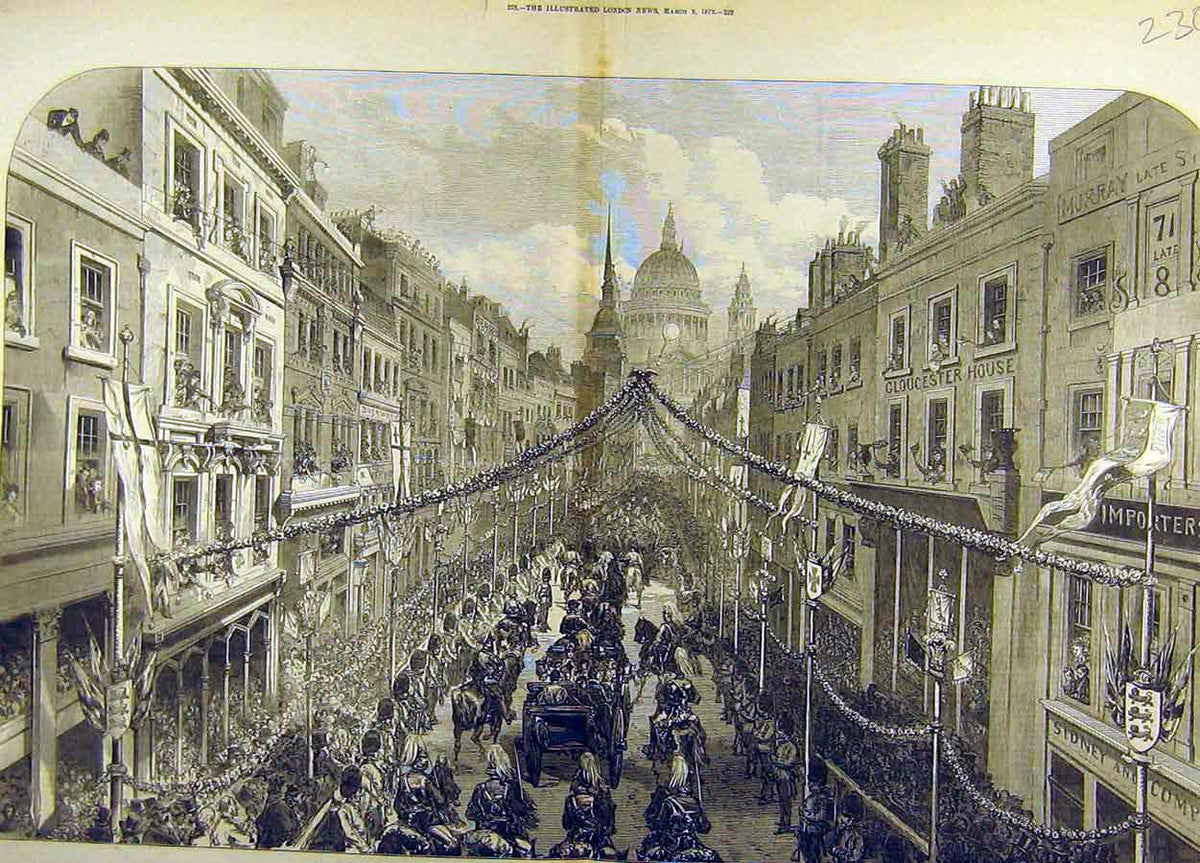 Original Old Antique Print 1872 Thanksgiving Day Procession Ludgate Hill London