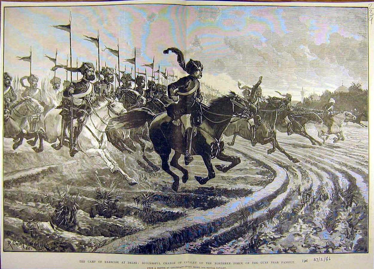 Original Old Antique Print 1886 Paniput Cavalry Camp Delhi Charge Battle Horse