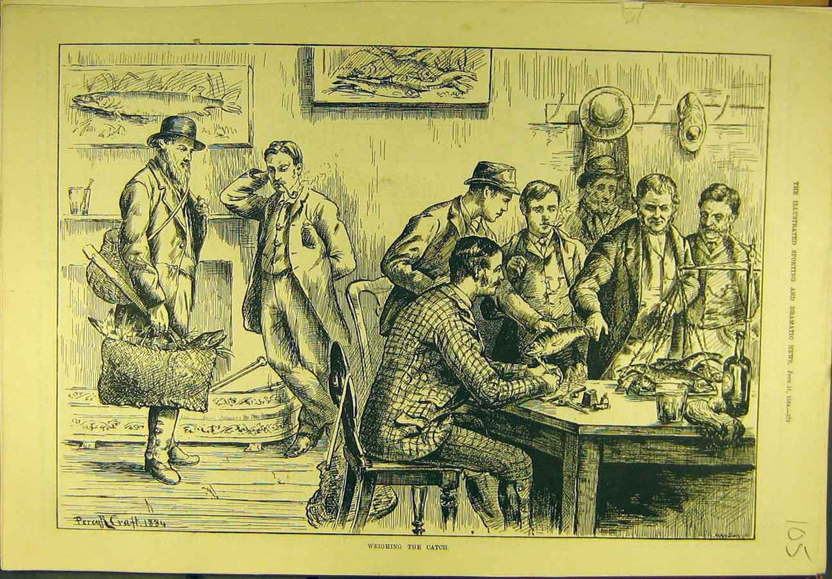 Original Old Antique Print 1884 Fishermen Weigh-In Catch Fish Craft Sport 19th