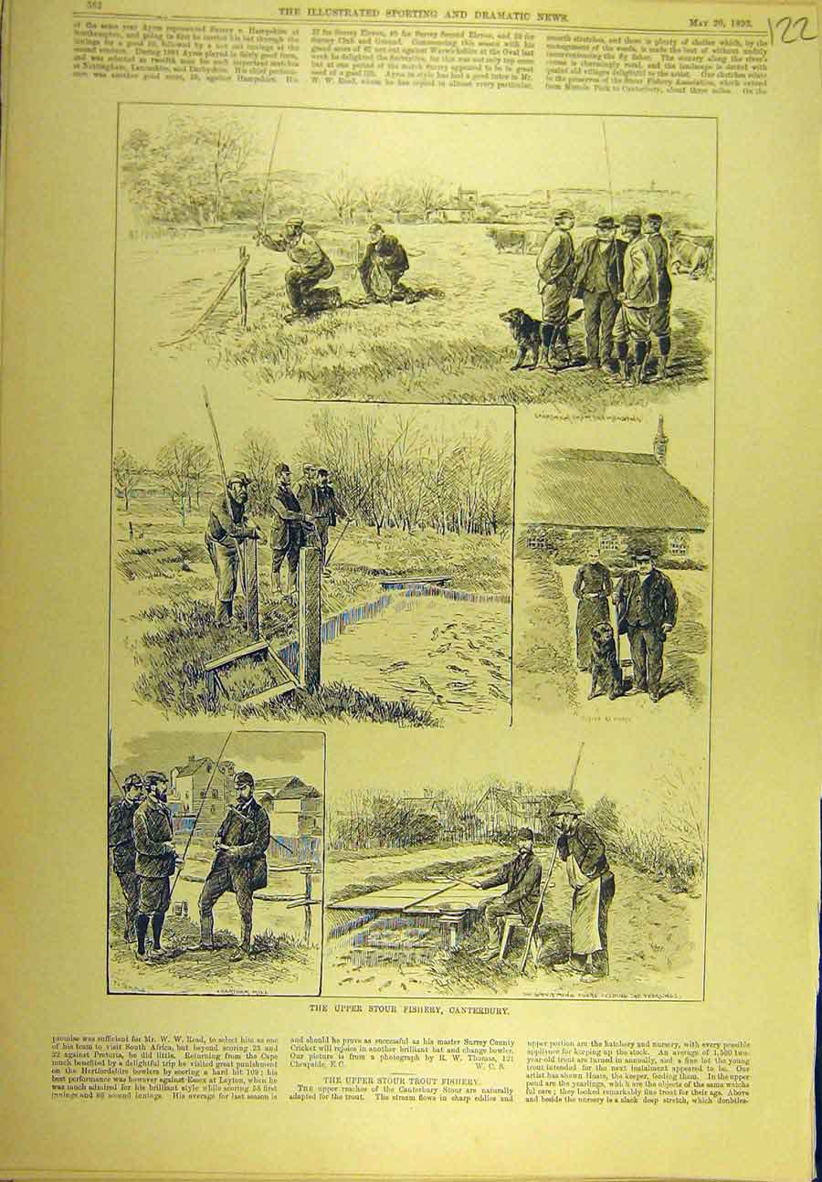 Original Old Antique Print 1893 Upper-Stour Fishery Conterbury Fishermen Sport