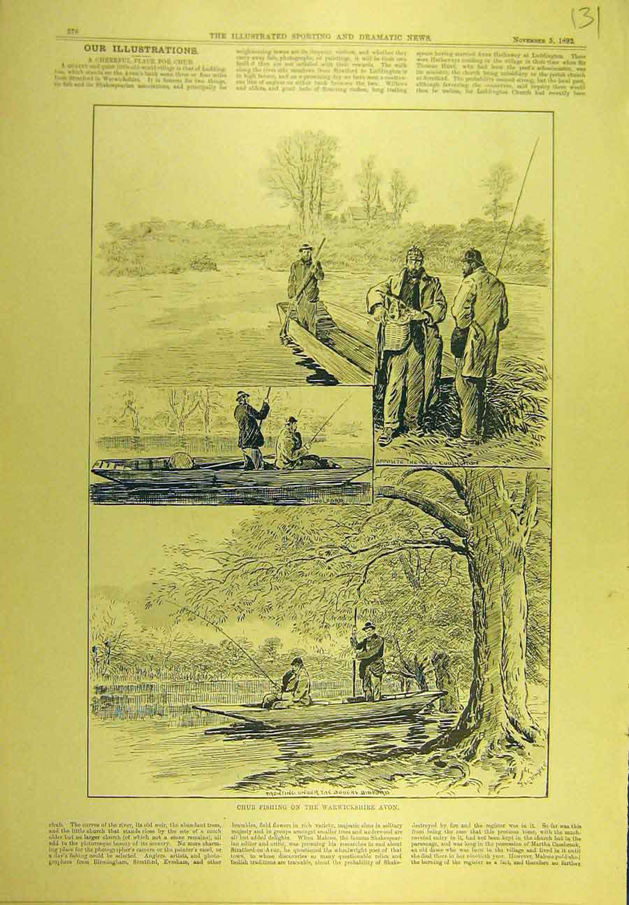 Original Old Antique Print 1892 Chub-Fishing Warwickshire Avon Fishermen Sport