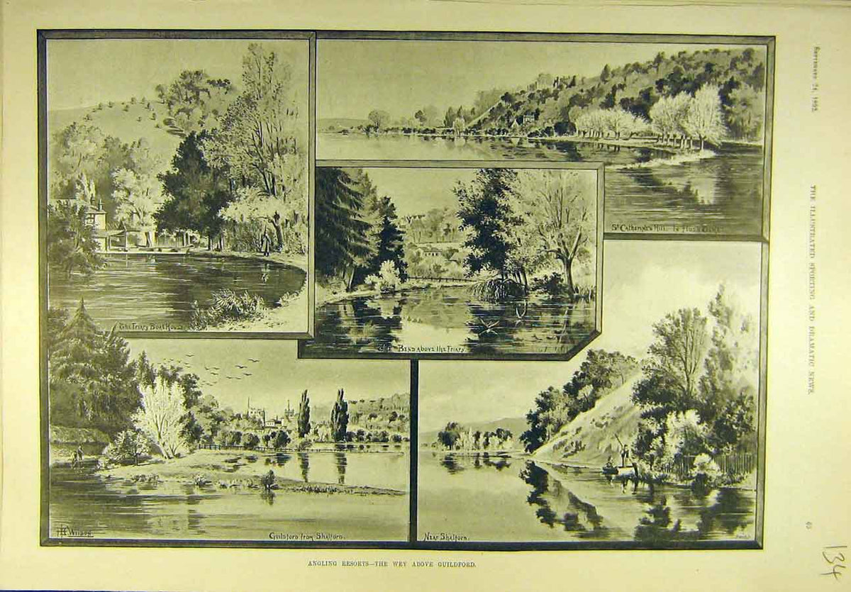 Original Old Antique Print 1892 Angling Resorts Wey Guildford Fishing Sport 19th