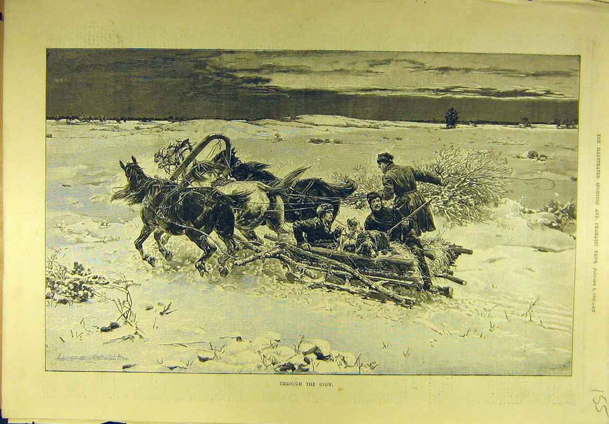 Original Old Antique Print 1887 Horse-Sleigh Hunting Snow Dogs Sport Victorian