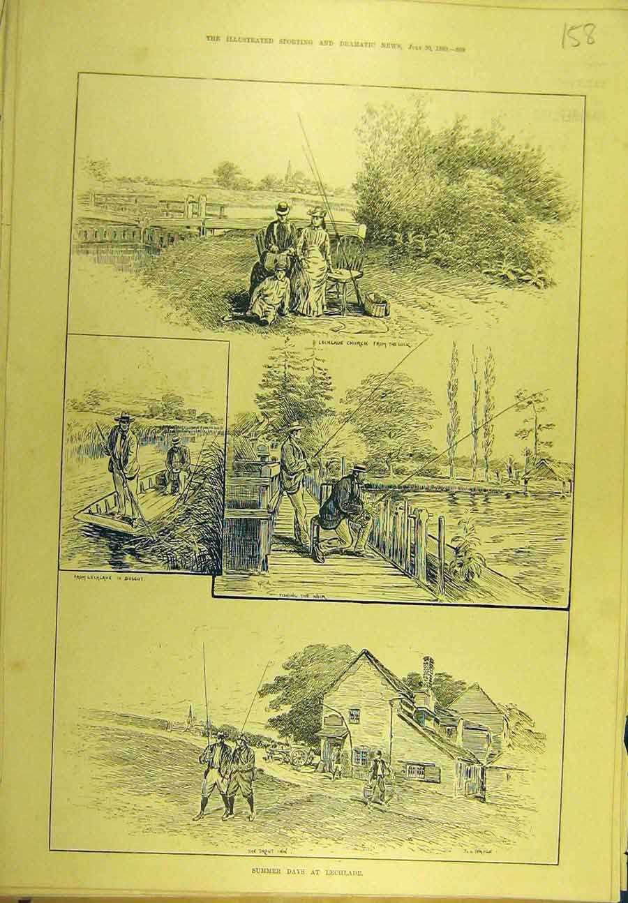 Original Old Antique Print 1889 Lechlade Summer Fishing Fishermen Sport 19th