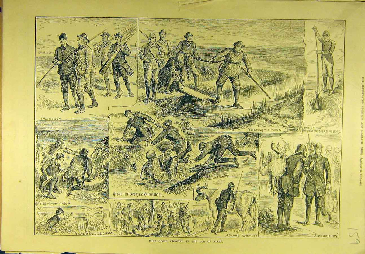 Original Old Antique Print 1887 Wild-Goose Shooting Bog-Allen Sport Bird 19th