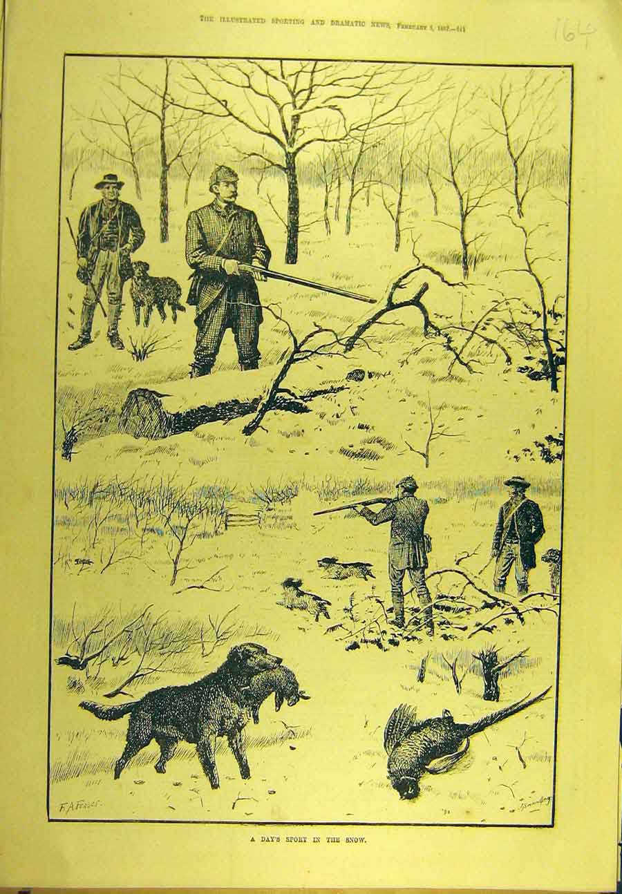 Original Old Antique Print 1887 Sport Snow Hunting Shooting Game-Birds Victorian