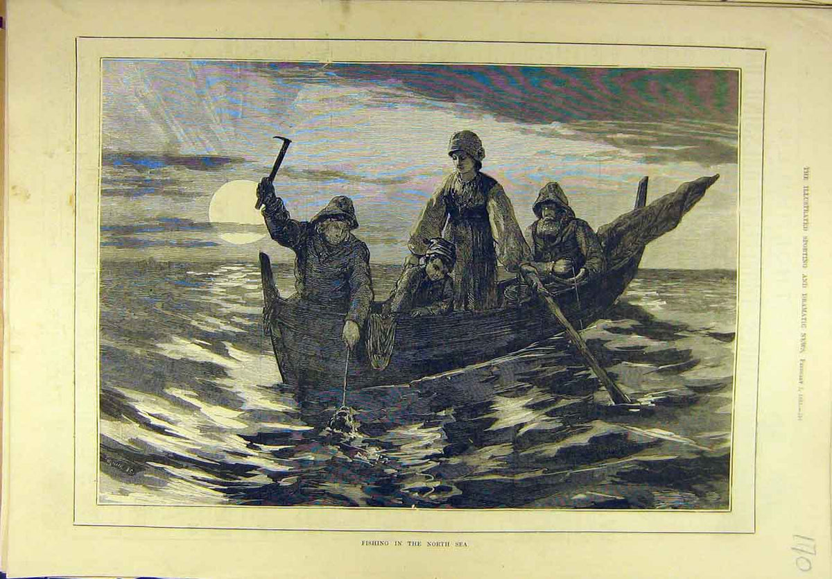Original Old Antique Print 1883 Fishing North-Sea Fishermen Boat Sport Victorian