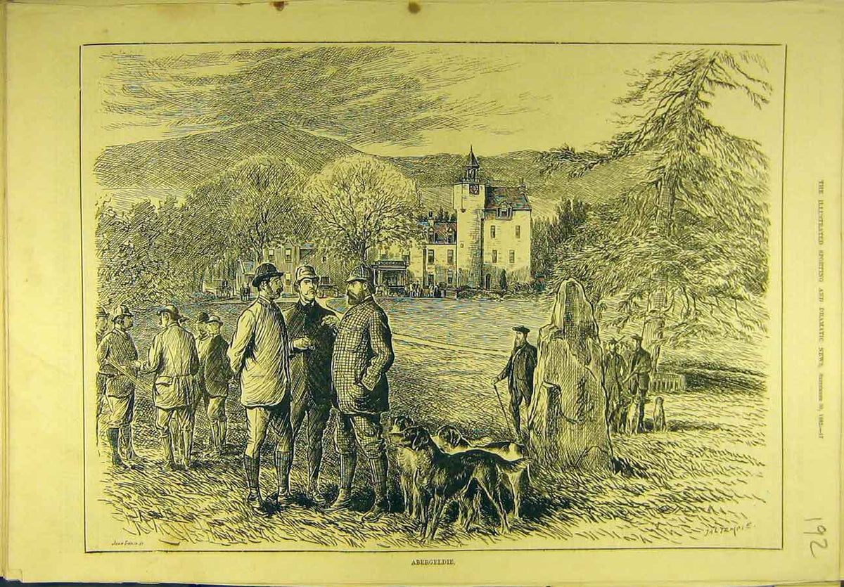 Original Old Antique Print 1882 Abergeldie Hunting Hounds Shooting Sport 19th