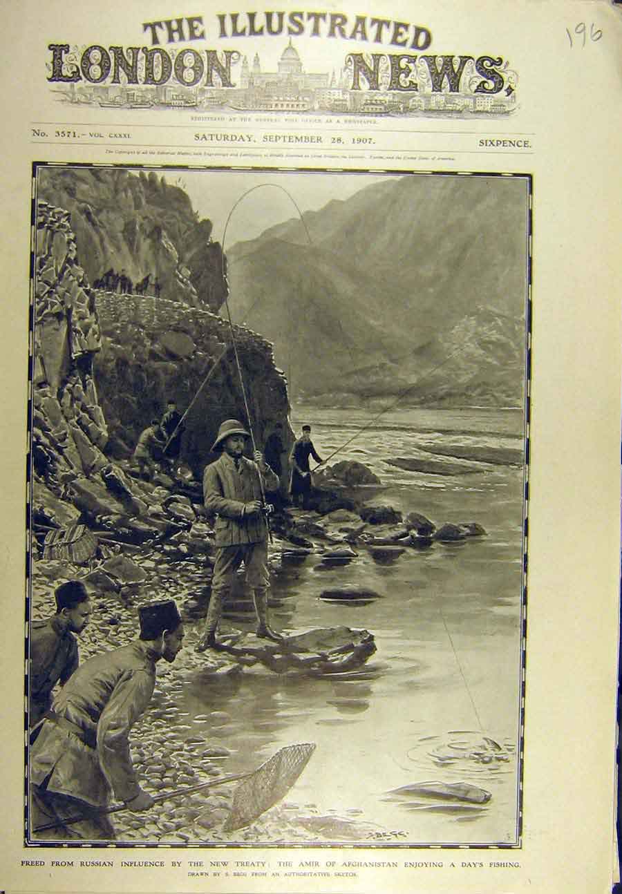Original Old Antique Print 1907 Amir Afgahnistan Fishing Begg Fishermen 20th