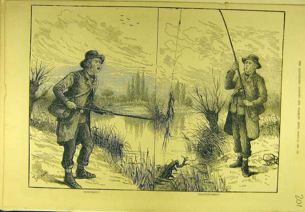 Original Old Antique Print 1880 Fisherman Fishing Angling Sport 19th