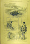 Original Old Antique Print 1889 Salmon Fishing Forth Stirling Castle Fisherman