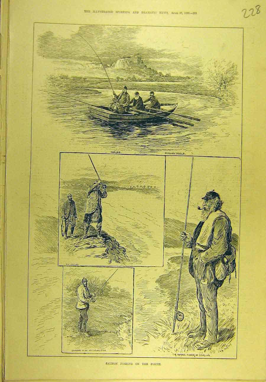 Original Old Antique Print 1889 Salmon Fishing Forth Stirling Castle Fisherman