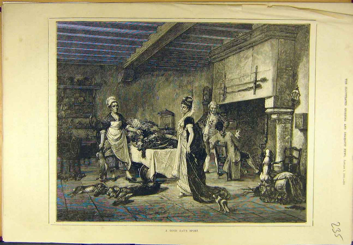 Original Old Antique Print 1881 Good Day'S Sport Rabbits Game Social History