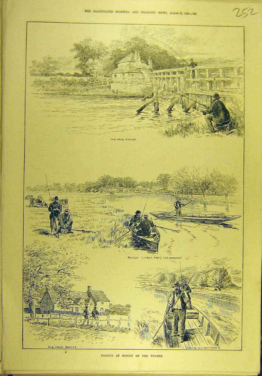 Original Old Antique Print 1889 Fishing Buscot Thames Church Meadows Sport 19th