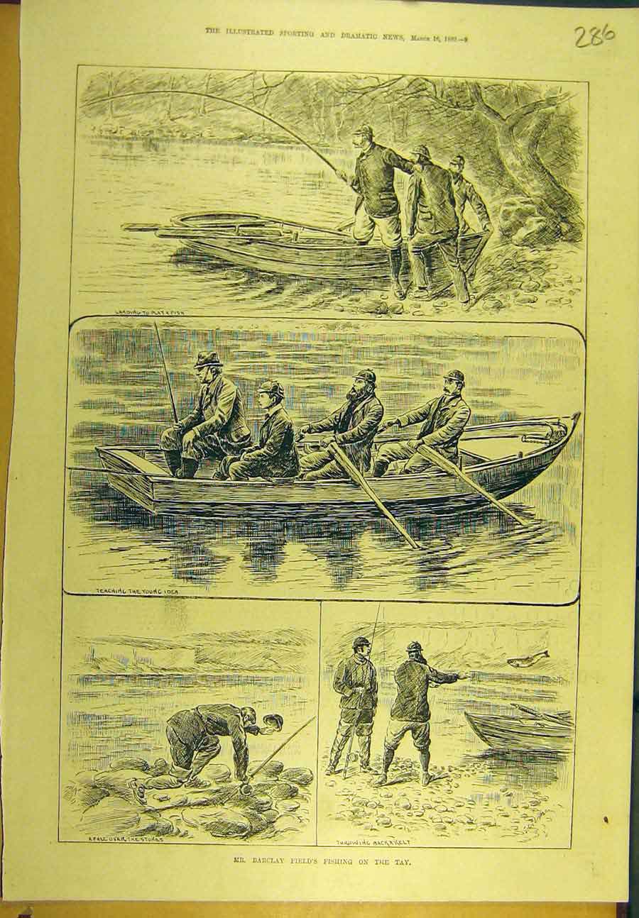Original Old Antique Print 1889 Barclay-Field Fishing Tay River Fishermen Boat