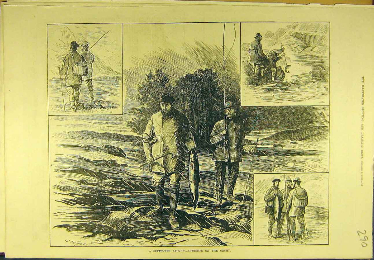 Original Old Antique Print 1880 September Salmon Sketches Orchy Fishermen 19th