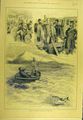Original Old Antique Print 1883 Salmon Fishing Loch-Tay Fishermen Boat Sport