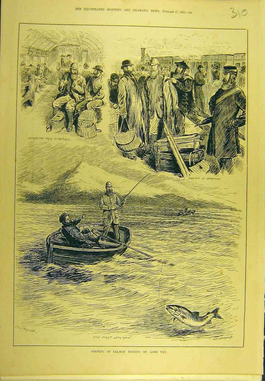 Original Old Antique Print 1883 Salmon Fishing Loch-Tay Fishermen Boat Sport