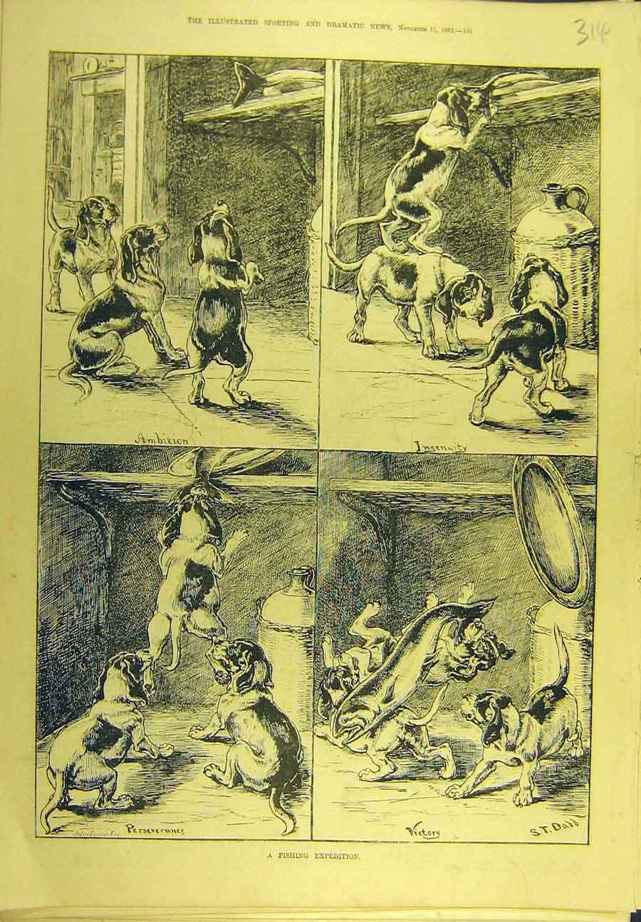Original Old Antique Print 1882 Fishing Expedition Puppies Fish Dadd Fine Art