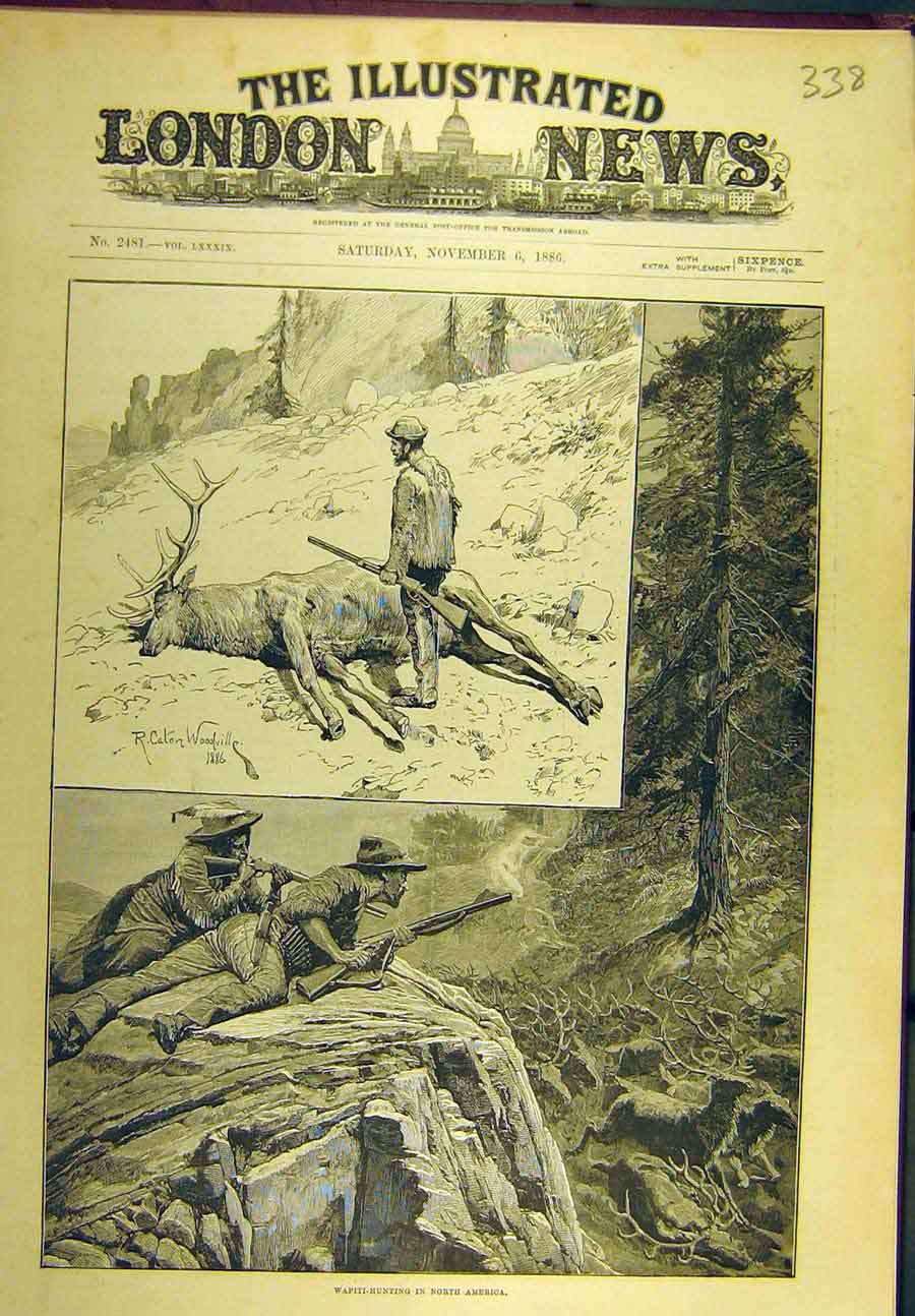 Original Old Antique Print 1886 Wapiti Hunting North-America Woodville Sport