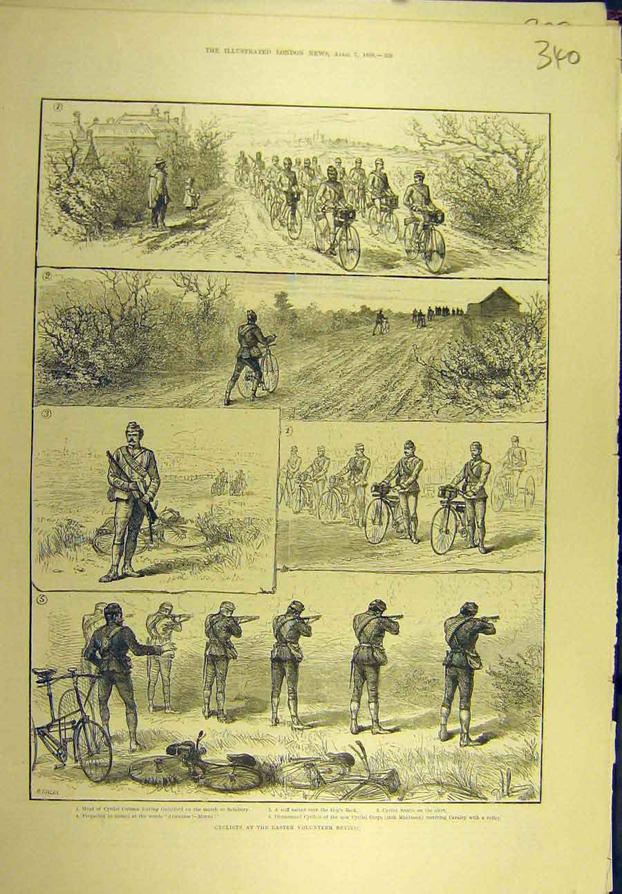 Old Antique Print 1888 Cyclists Easter Volunteer Review Shooting Bicycle 19th