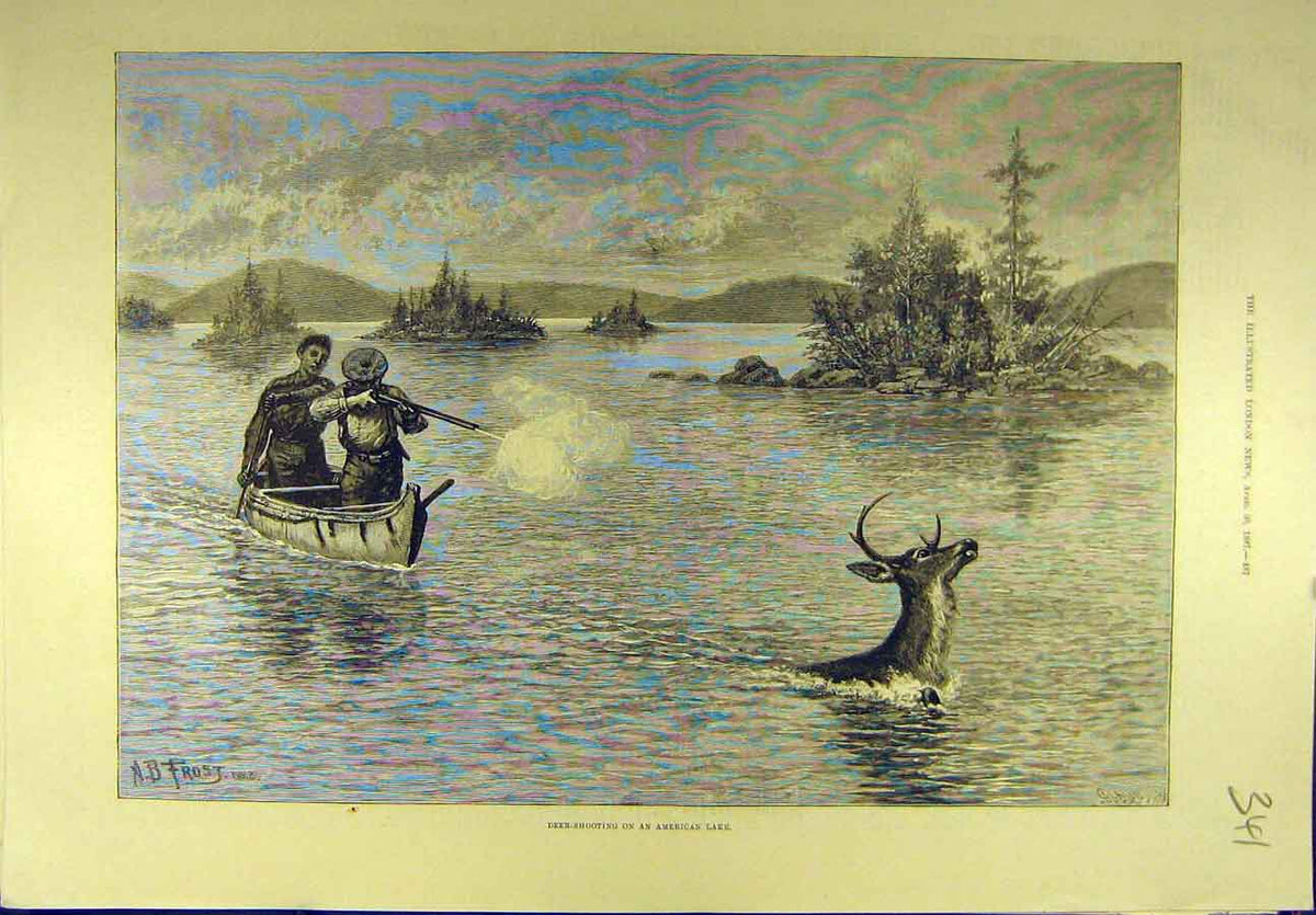 Original Old Antique Print 1887 Deer-Stalking America Lake Sport Shooting 19th