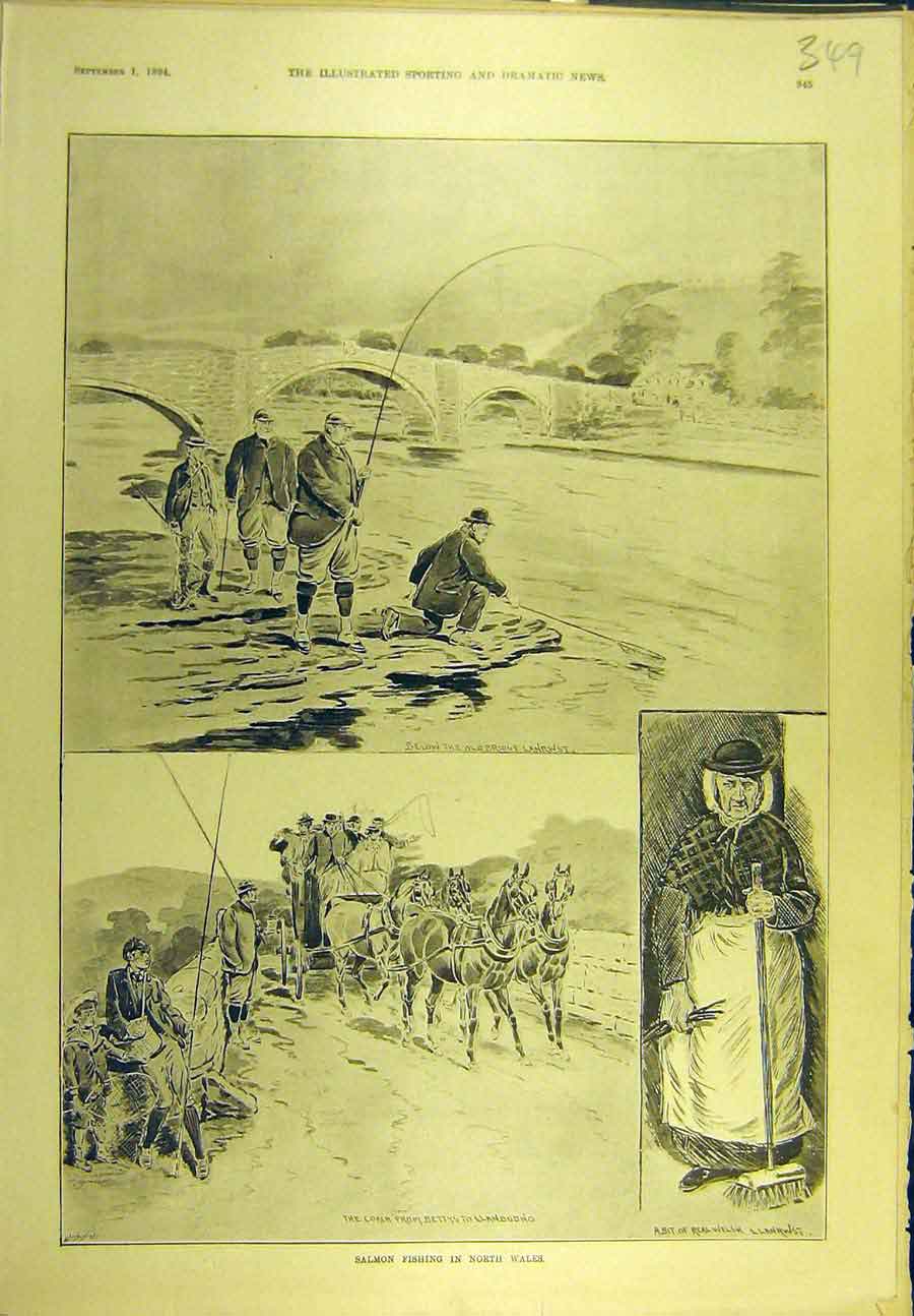 Original Old Antique Print 1894 Salmon Fishing North-Wales Fishermen Lanrwst