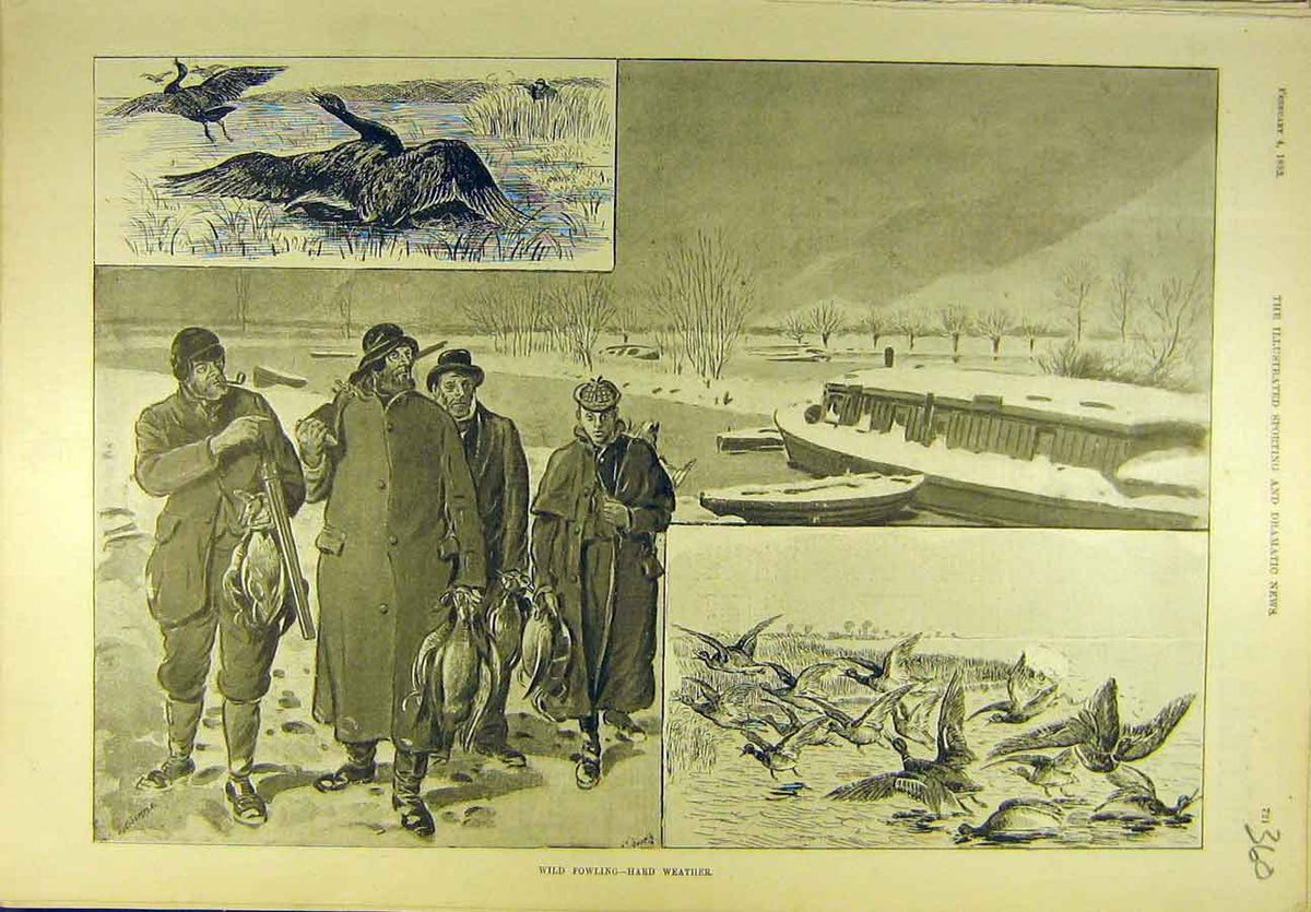 Original Old Antique Print 1893 Wild-Fowling Weather Game-Bird Shooting Sport