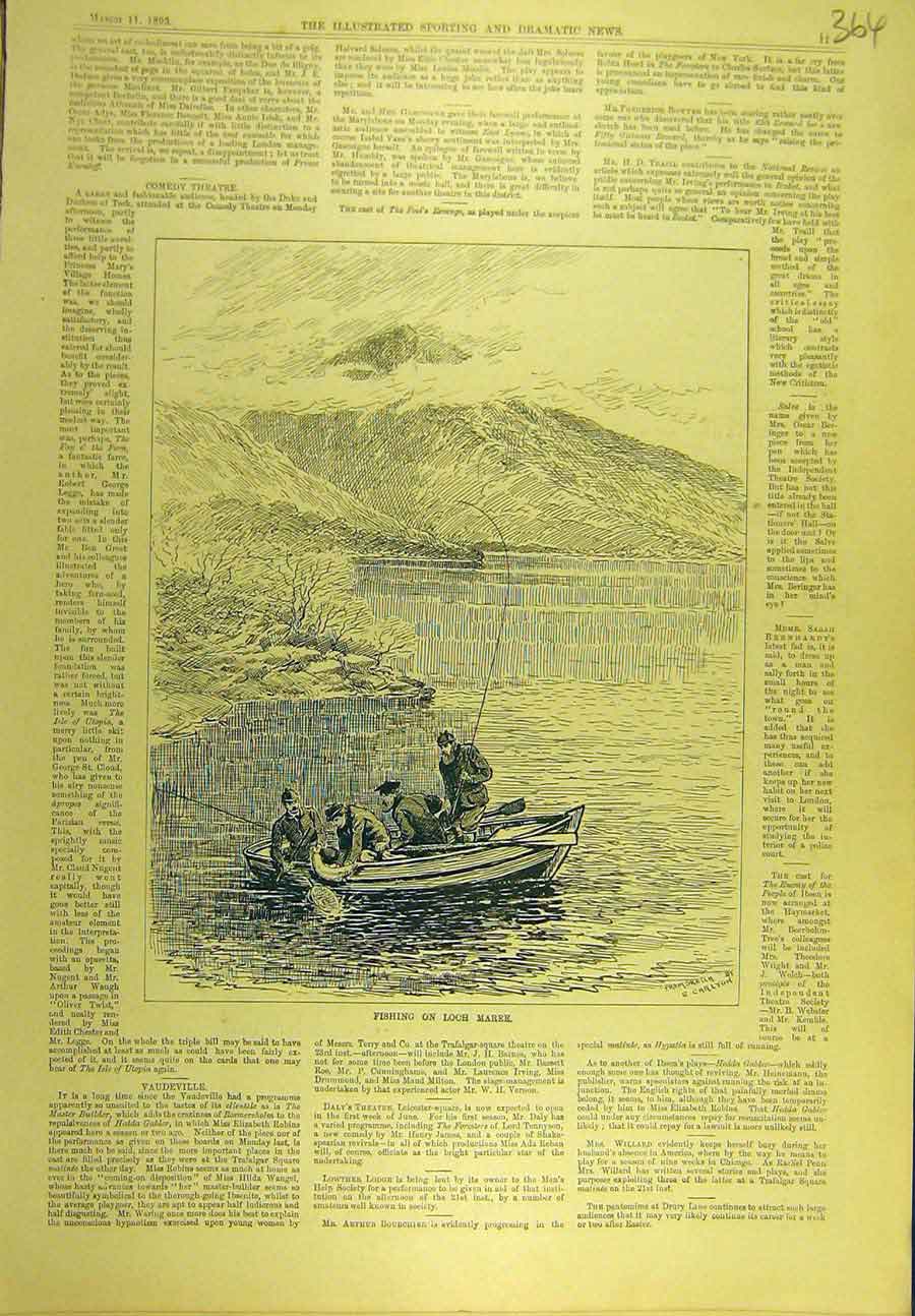 Original Old Antique Print 1893 Fishing Loch Maree Scotland Fishermen Boat 19th