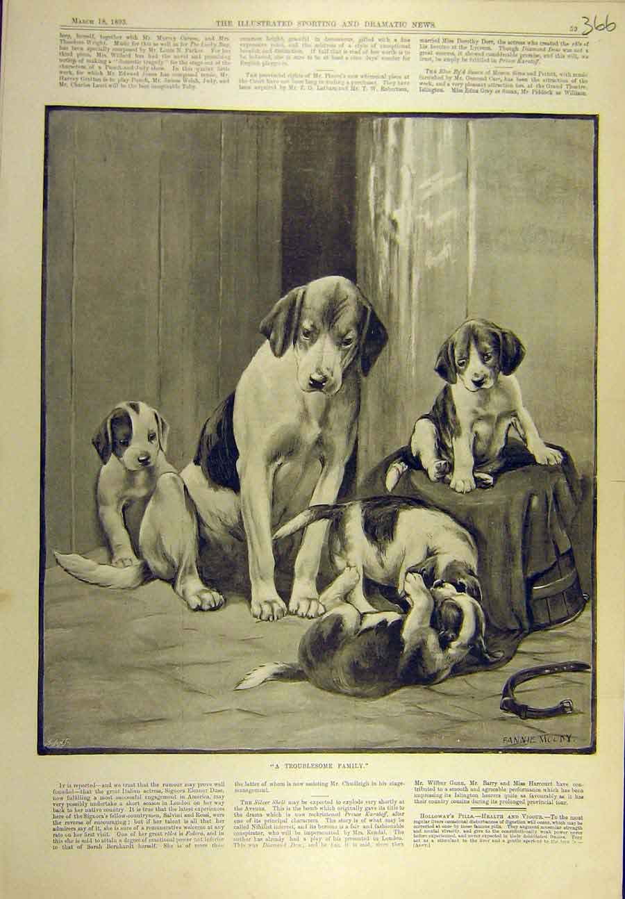 Original Old Antique Print 1893 Troublesome Family Dog Puppies Moody Victorian