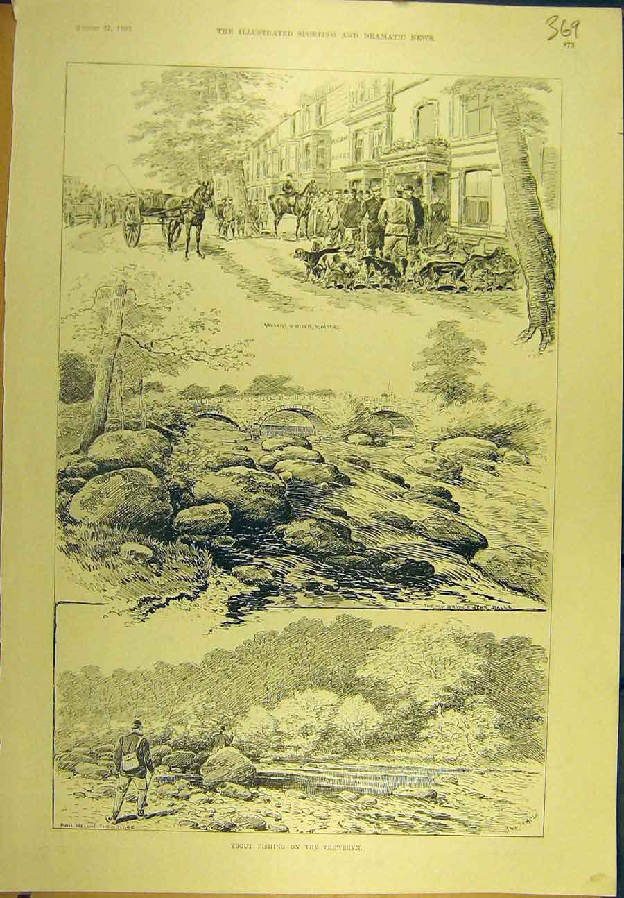Original Old Antique Print 1892 Trout Fishing Treweryn Balla Otter Hunters 19th