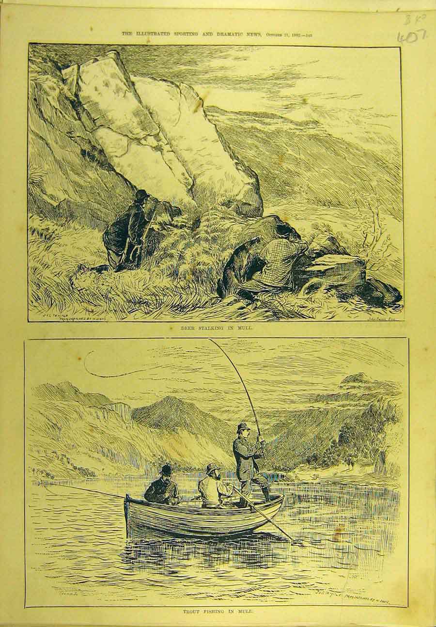 Original Old Antique Print 1882 Deer Stalking Trout Fishing Mull Scotland 19th