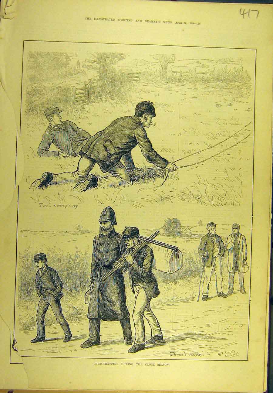 Original Old Antique Print 1880 Bird-Trapping Poachers Dadd Sport 19th