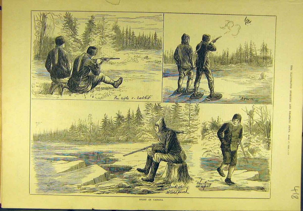 Original Old Antique Print 1880 Sport Canada Shooting Rabbit Pea-Rifle Victorian