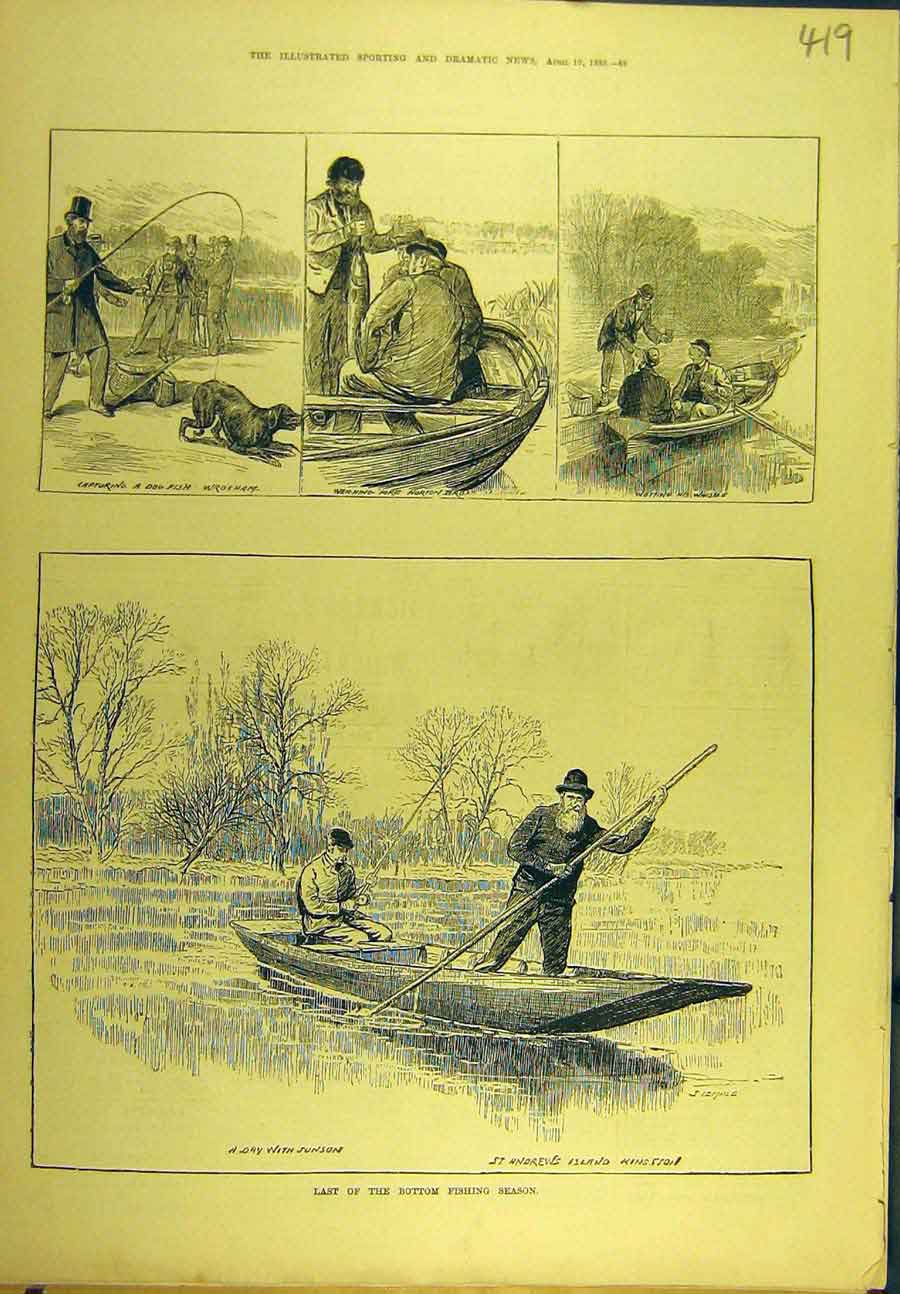Original Old Antique Print 1880 Bottom-Fishing Season Dog-Fish Wroxham Junson