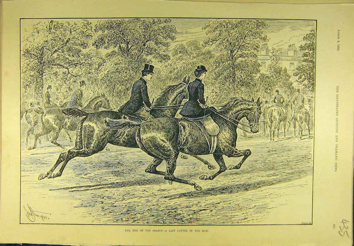 Original Old Antique Print 1894 Last-Canter End-Season Hunting Sport Victorian