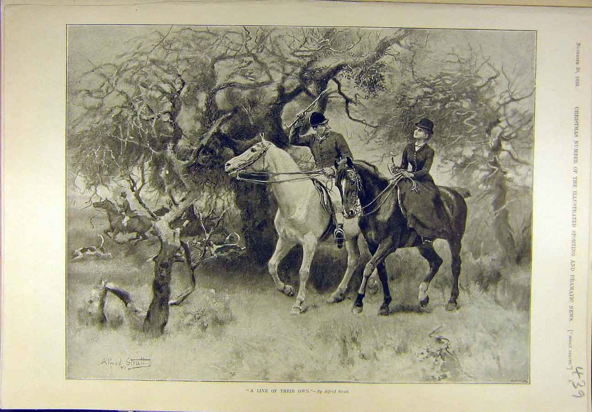 Original Old Antique Print 1895 Hunting Strutt Lady Man Hunt Line Sport 19th