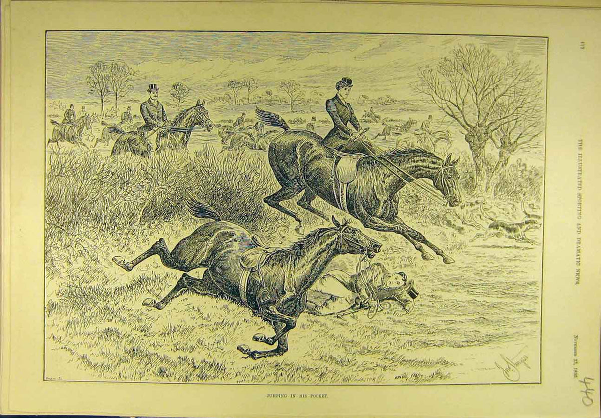 Original Old Antique Print 1895 Jumping Pocket Hunting Hunt Horses Riders Jump