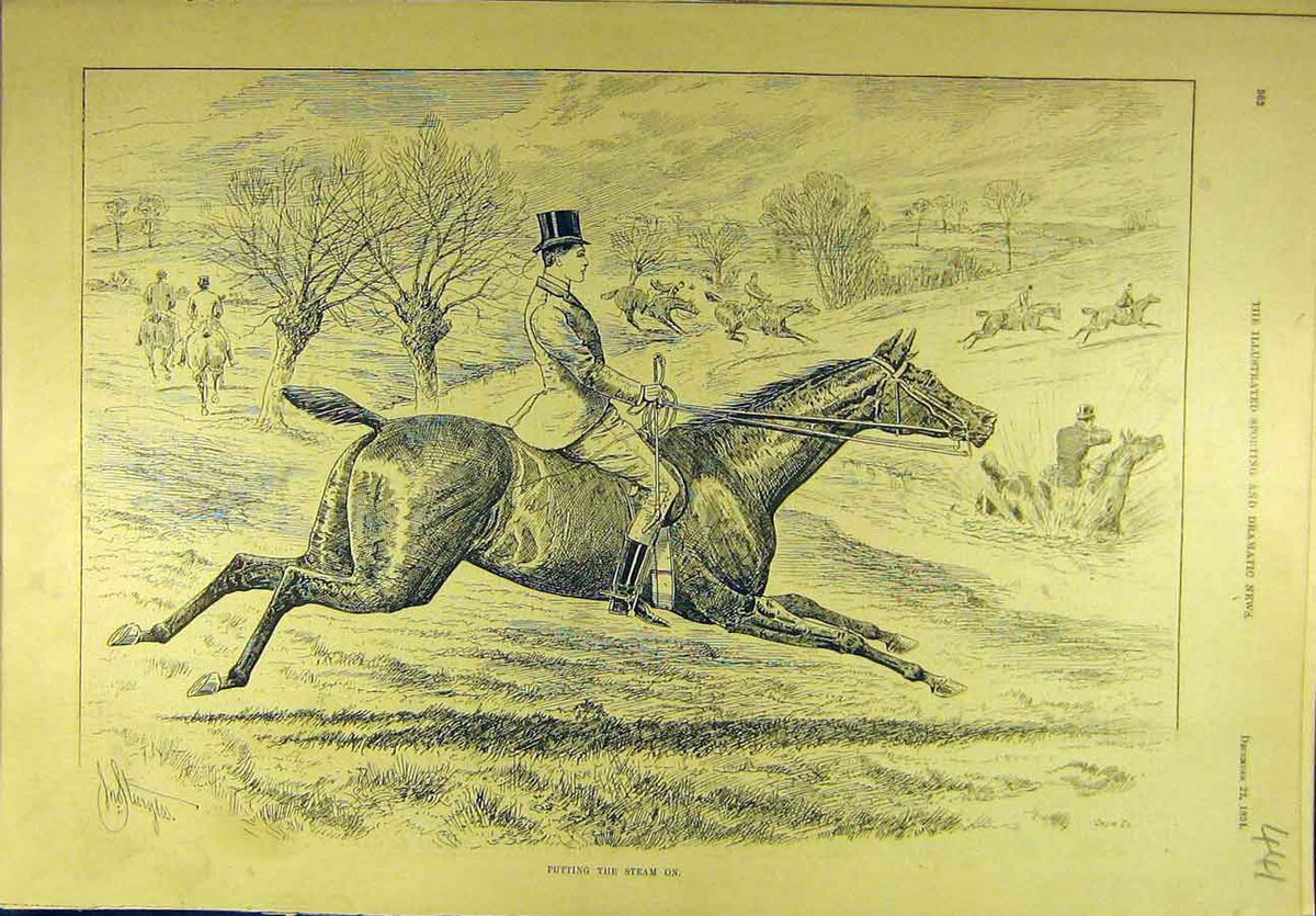 Original Old Antique Print 1894 Hunting Steam-On Hunt Horses Riders Sport 19th