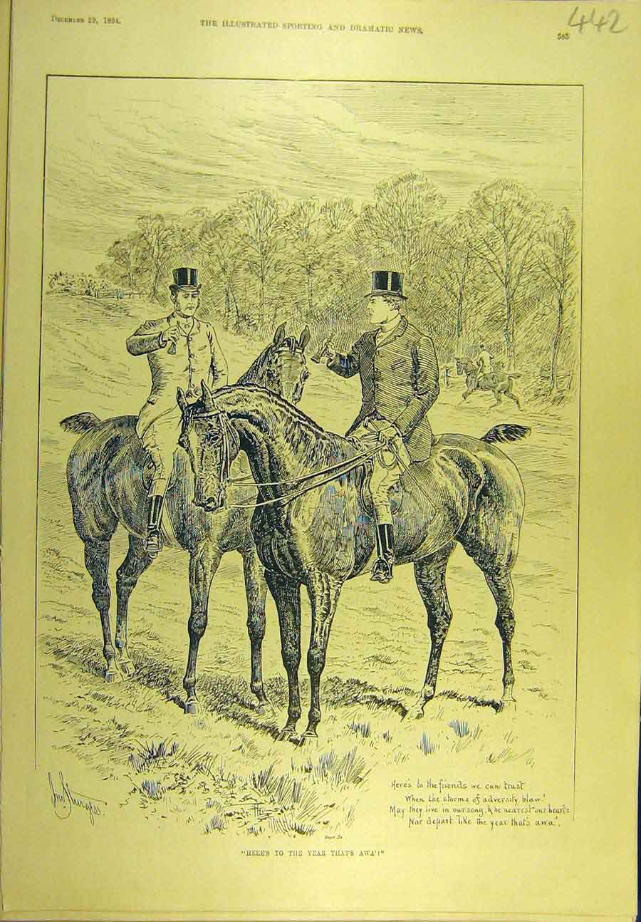 Original Old Antique Print 1894 Hunting Hunt New-Year Toast Hunters Sport 19th
