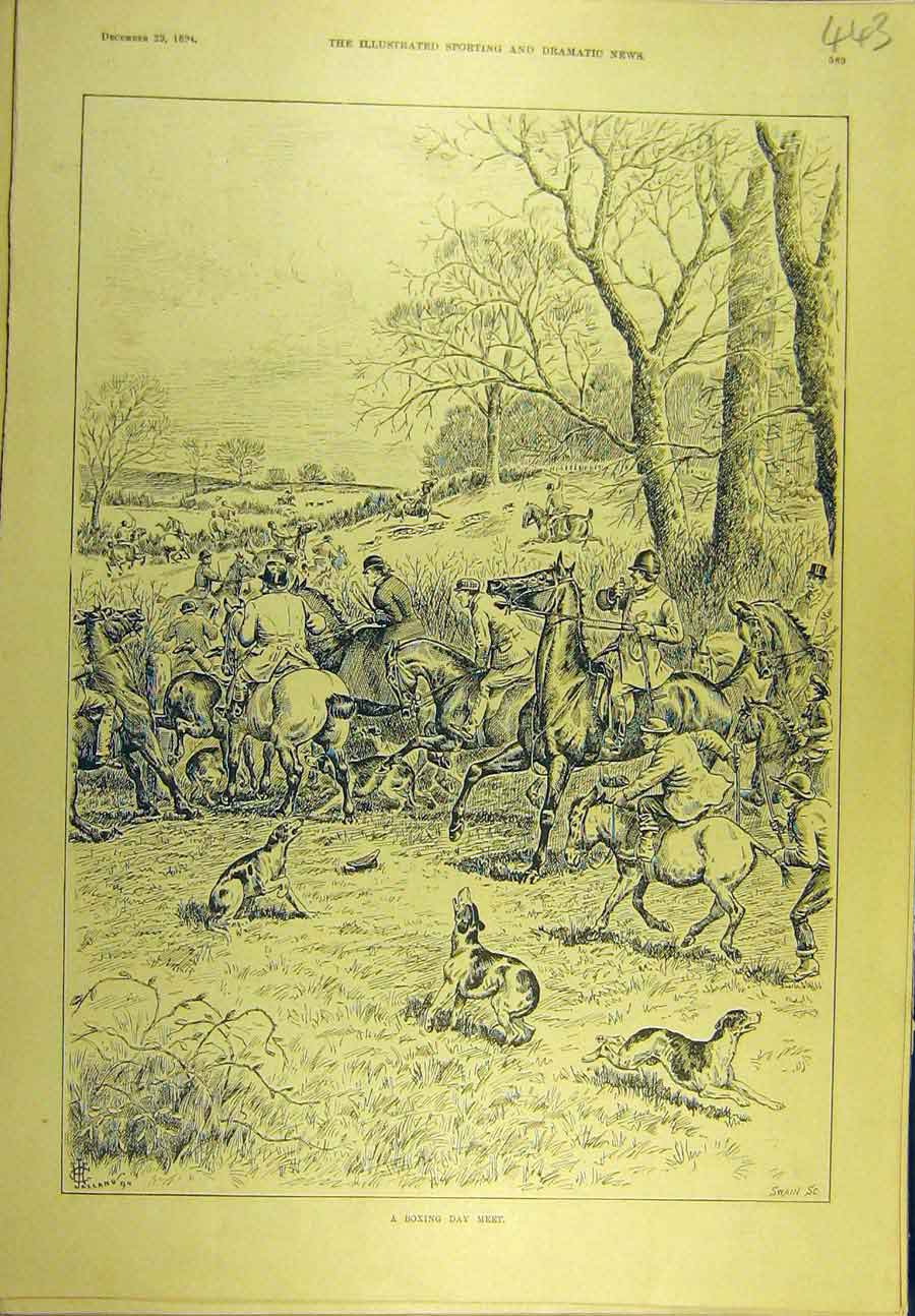 Original Old Antique Print 1894 Boxing Day Meet Hunting Hunters Horse Hounds