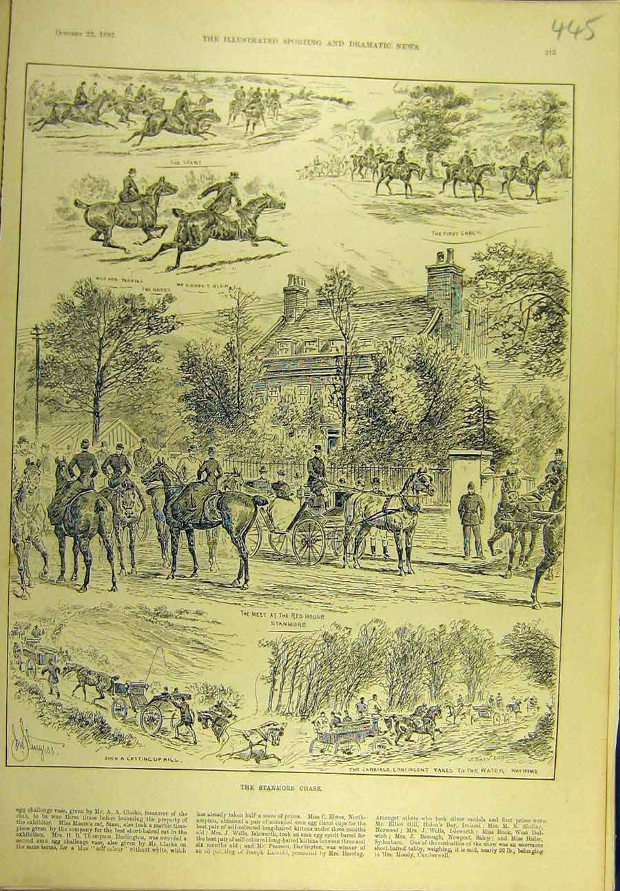 Original Old Antique Print 1892 Stanmore Chase Hunt Hunting Hunters Sport 19th