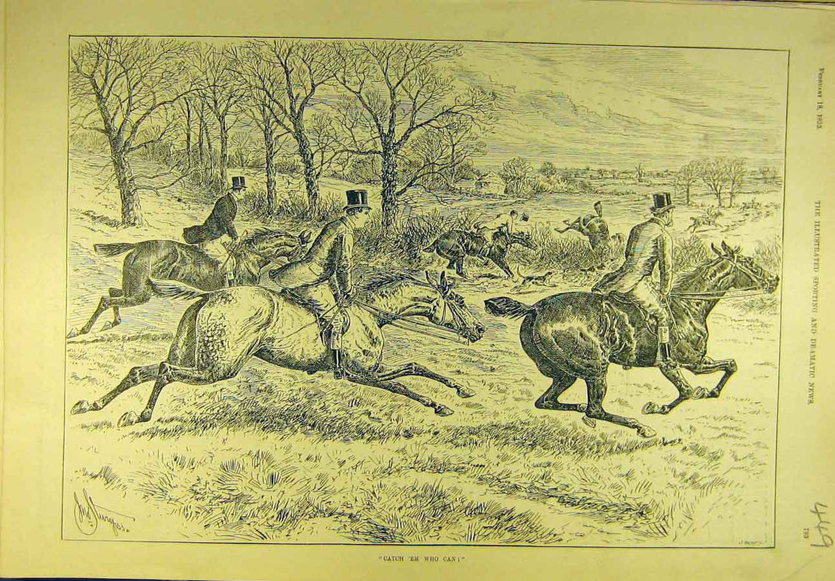 Original Old Antique Print 1893 Hunting Catch Hunters Riders Horses Sport 19th