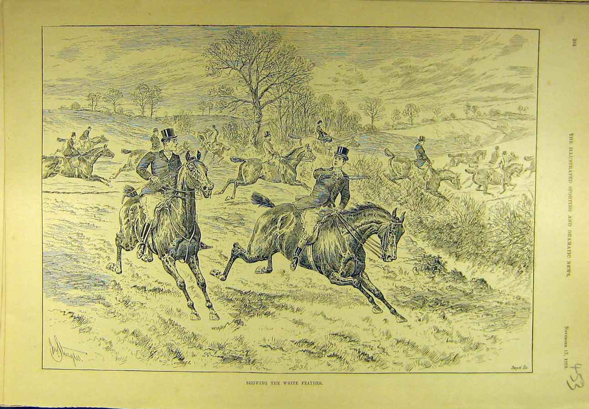 Original Old Antique Print 1894 White Feather Hunting Hunt Horses Riders 19th